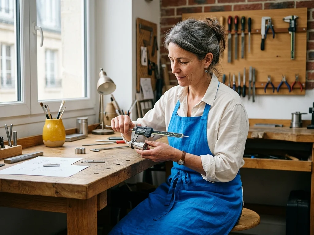 Artisane à Saint-Germain-en-Laye mesurant une pièce technique pour illustrer le savoir-faire de sa PME.