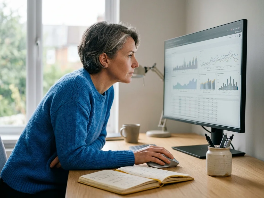Consultante analysant des graphiques de performance pour prioriser les actions SEO stratégiques.