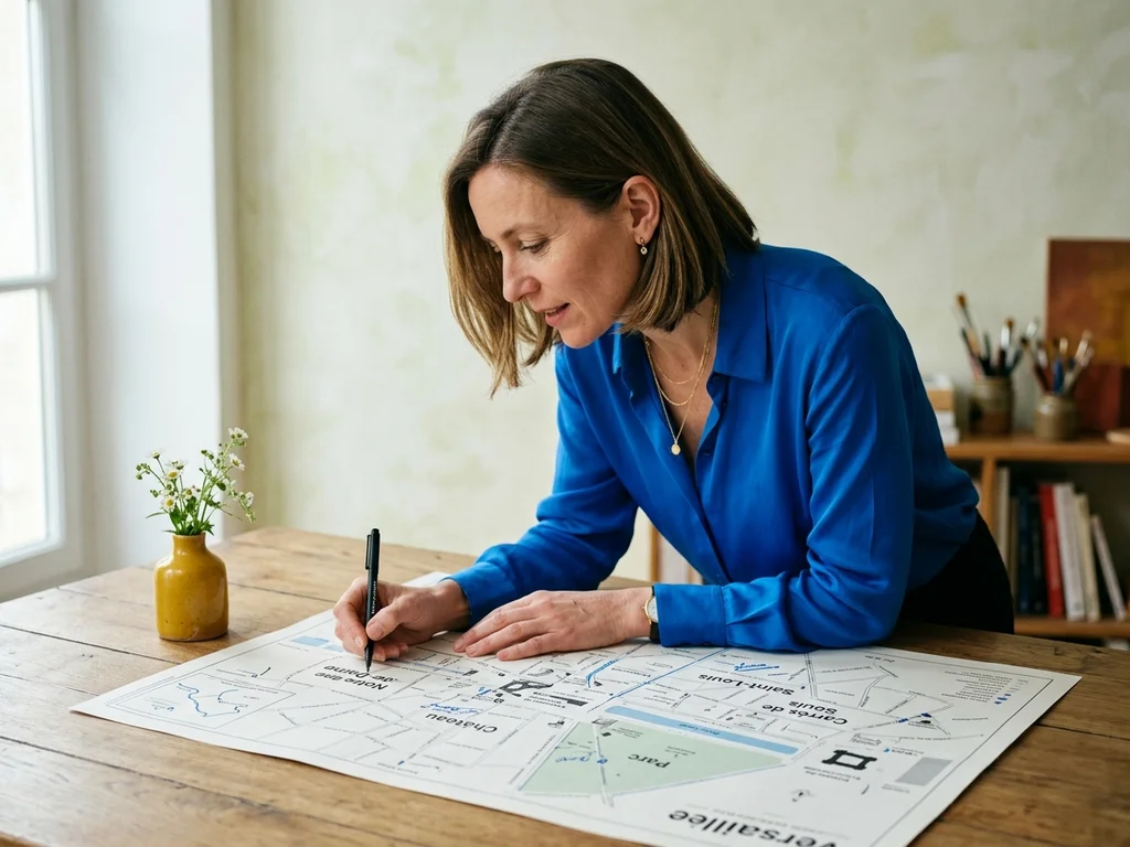 Consultante SEO analysant une carte de Versailles pour l'audit local d'une entreprise yvelinoise.